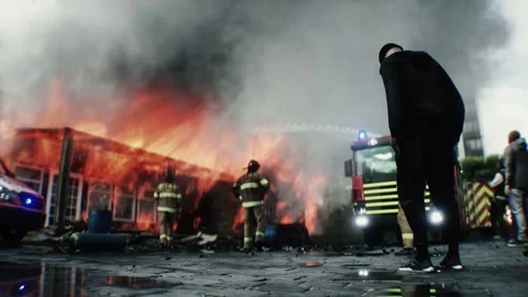 Man Experiencing Loss of Home Standing in Front of Burning Home 스톡 동영상 336516147
