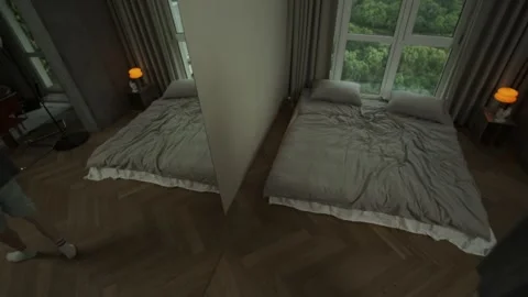 Man experiencing mental breakdown talks to himself in mirror. Psychotic episode Stock Footage 312627727