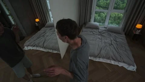 Man experiencing mental breakdown talks to himself in mirror. Psychotic episode Video stock 314744690