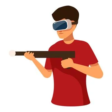 Man experiencing virtual reality game world using headset and gun controller Illustrazione stock