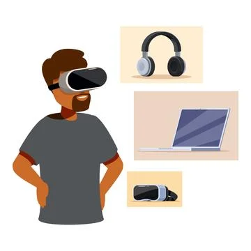 Man experiencing virtual reality using vr headset, laptop, and headphones, ex 스톡 일러스트