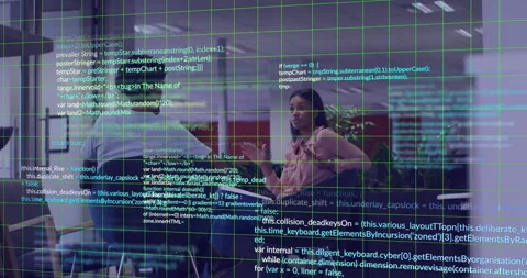 Man explaining board as woman gesturing in tech meeting showing JavaScript code, Stock Footage 309095516