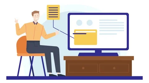 A man explaining new application on pc screen. business animated illustration. Stock Footage 277017729