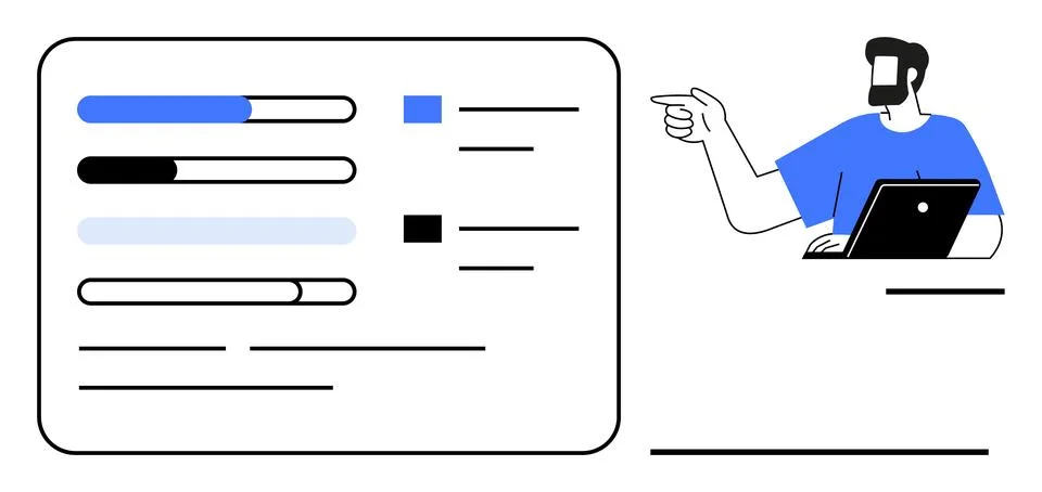 Man explaining progress bars on a whiteboard with his laptop, emphasizing p.. Stock Illustration