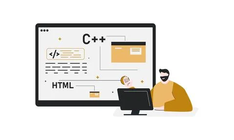 Man Explaining Web programming. Male showing screen computer programmer sof.. イラスト素材