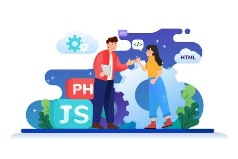 Man is explaining with woman how programming language works Stock Illustration