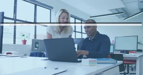 Man explaining, woman leaning, both reviewing laptop while scan-lines and code Stock Footage 334185031