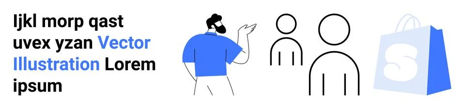 A man explains an idea to two people next to a shopping bag with a friendly d Ilustración de archivo