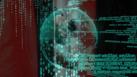 Man exploring cyber security technology, with animated green code overlay and Stock Footage 307946976