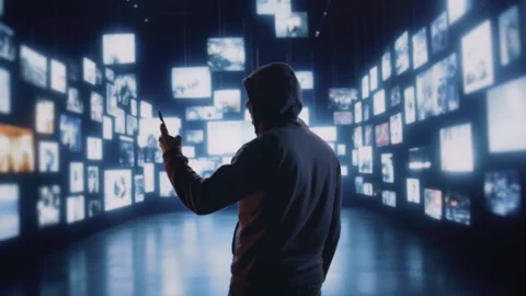 Man Exploring Digital Screens In Modern Interactive Tech Museum Virtual Stock Footage 292287660