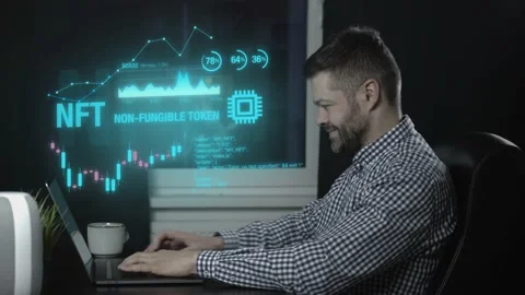 Man exploring NFT data on a laptop Video stock 169712935