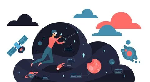 Man Exploring Virtual Reality Space Cloud Scene Stock Illustration