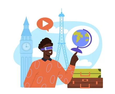 Man exploring world via virtual travel.. Vector illustration Stock Illustration