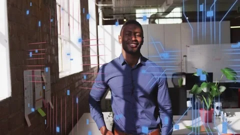 Man extending arm toward desk and activating animated tech overlays, visualizing Stock Footage 334117039