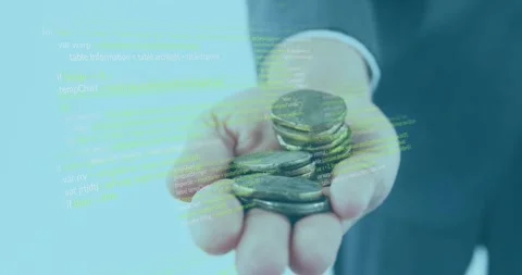 Man extending right hand forward, offering coins while green code drifting Stock Footage 331820524