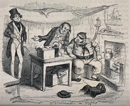 A man with an eye patch and a pipe is talking to two other men. Glyphograph.. 库存插图