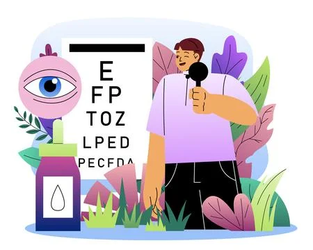 Man with eyesight test. Young guy near eye drops and letters. Healthcare and 스톡 일러스트