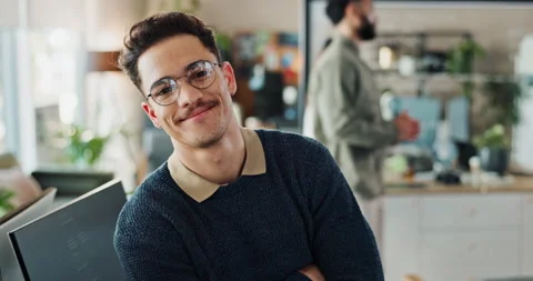 Man, face and confident with arms crossed for coding, programing and system Stock Footage 290052697