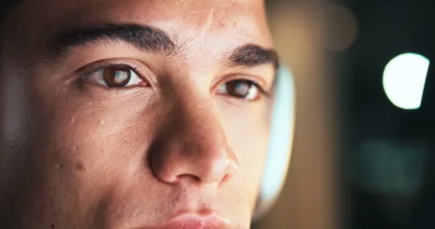 Man, face and headphones for coding on computer in closeup, software developer Stock Footage 301630694