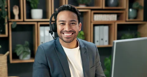 Man, face and headset at computer for contact us, customer support and company Stock Footage 342330148