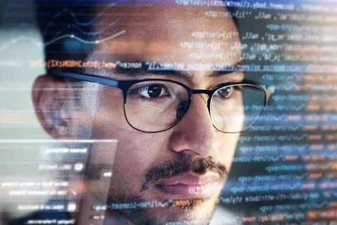 Man, face and programmer coding at night with overlay or dashboard of code Stock Photos