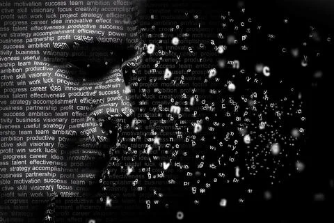 Man face blended with flowing list of motivational words Stock Illustration