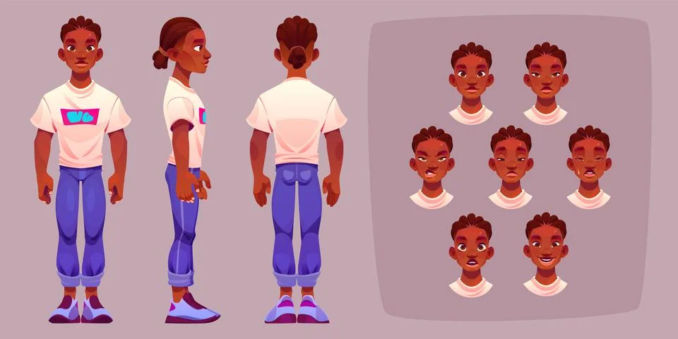 Man face with different emotions, standing person Stock Illustration