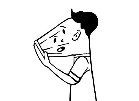Man face falling into smartphone hand drawn stroke isolated on white backgrou Stock Illustration