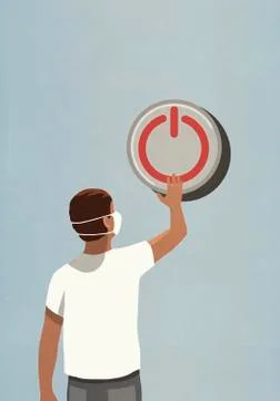 Man with face mask pushing large power off button Stock Illustration