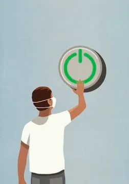 Man in face mask pushing large green power on button Stock Illustration