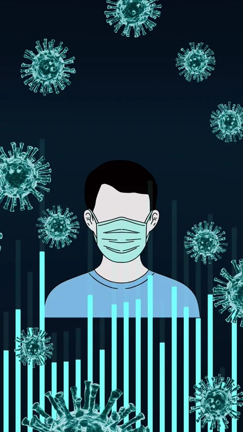 Man in Face Mask Surrounded by virus Cells with Economic Data Chart Animation Stock Footage 344817897