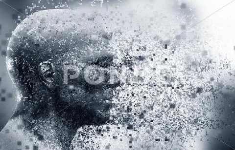 Man face with pixel dispersion effect. Concept of technology, modern science Stock Illustration