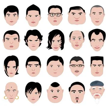 Man face shape hairstyle round fat thin old Stock Illustration