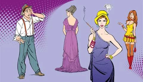 A man faces a choice. Difficult decision. Surprised boy. Guy choosing woman. Pop Stock Illustration