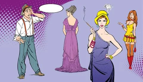 A man faces a choice. Difficult decision. Surprised boy. Guy choosing woman. Pop Stock Illustration