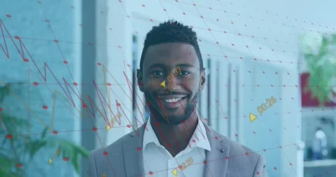 Man facing camera with red grid and yellow arrows moving, smiling and projecting Stock Footage 323270131