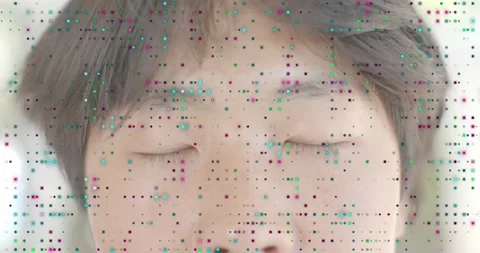 Man facing camera sequence start sending colored squares drifting across face Stock Footage 316965786