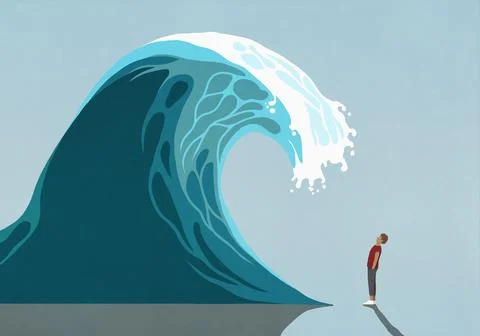 Man facing huge ocean tidal wave Stock Illustration