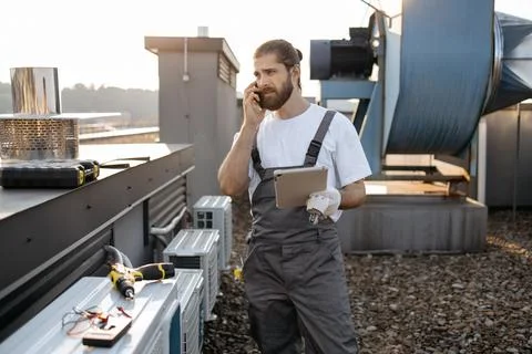 Man factory worker using tablet and talking on phone on roof Stock Photos