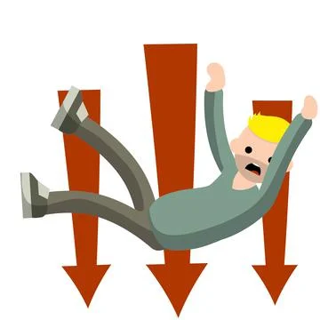 Man fall down. Red arrow. frightened guy in distress. Stock Illustration