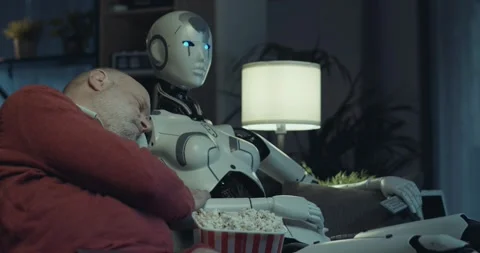 Man falling asleep next to his AI robot Stock Footage 297790824