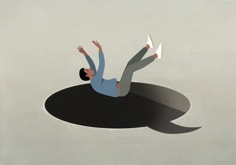 Man falling into black hole of speech bubble Stock Illustration