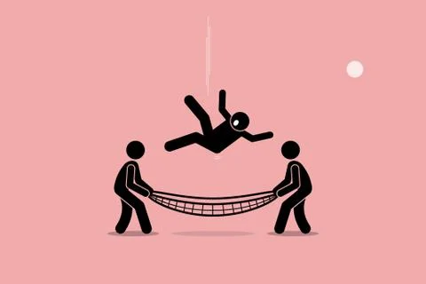 Man falling down and saved by people using safety net at the bottom of the groun Stock Illustration