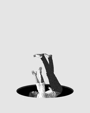 Man falling down into black hole symbolizing lost with reality. Uncertainty and Stock Photos