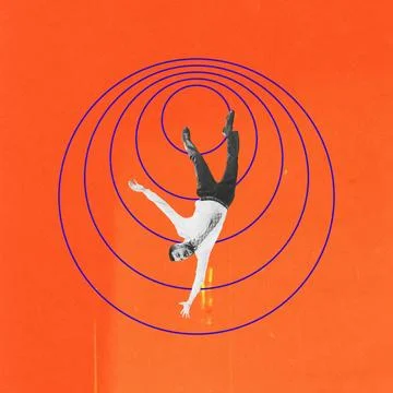 Man falling inside pattern of concentric circles on red background, representing Stock Photos