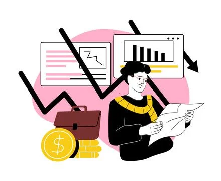 Man with falling ratings. Young guy near falling charts and graphs. Financial 스톡 일러스트
