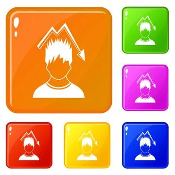 Man with falling red graph over head icons set vector color Stock Illustration