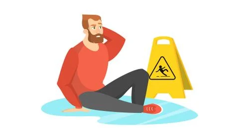 Man falling on the wet floor. Caution sign, warning Stock Illustration