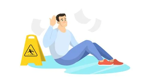 Man falling on the wet floor. Caution sign, warning Stock Illustration