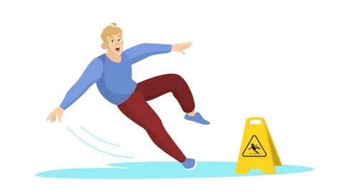 Man falling on the wet floor. Caution sign, warning Stock Illustration